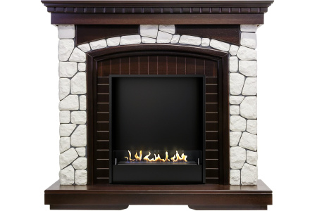 Биокамин в портале Firezo Glasgow Темный дуб белый камень